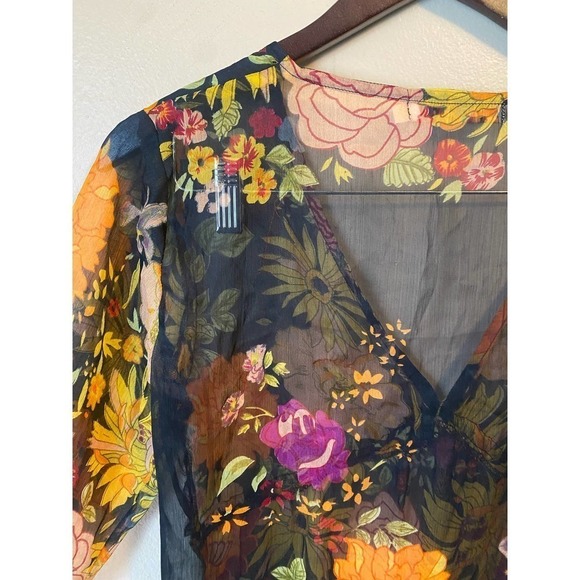 Vintage Y2K Boho Lemon Collection Floral Sheer Deep V Mini Dress Swim coverup - Picture 8 of 16